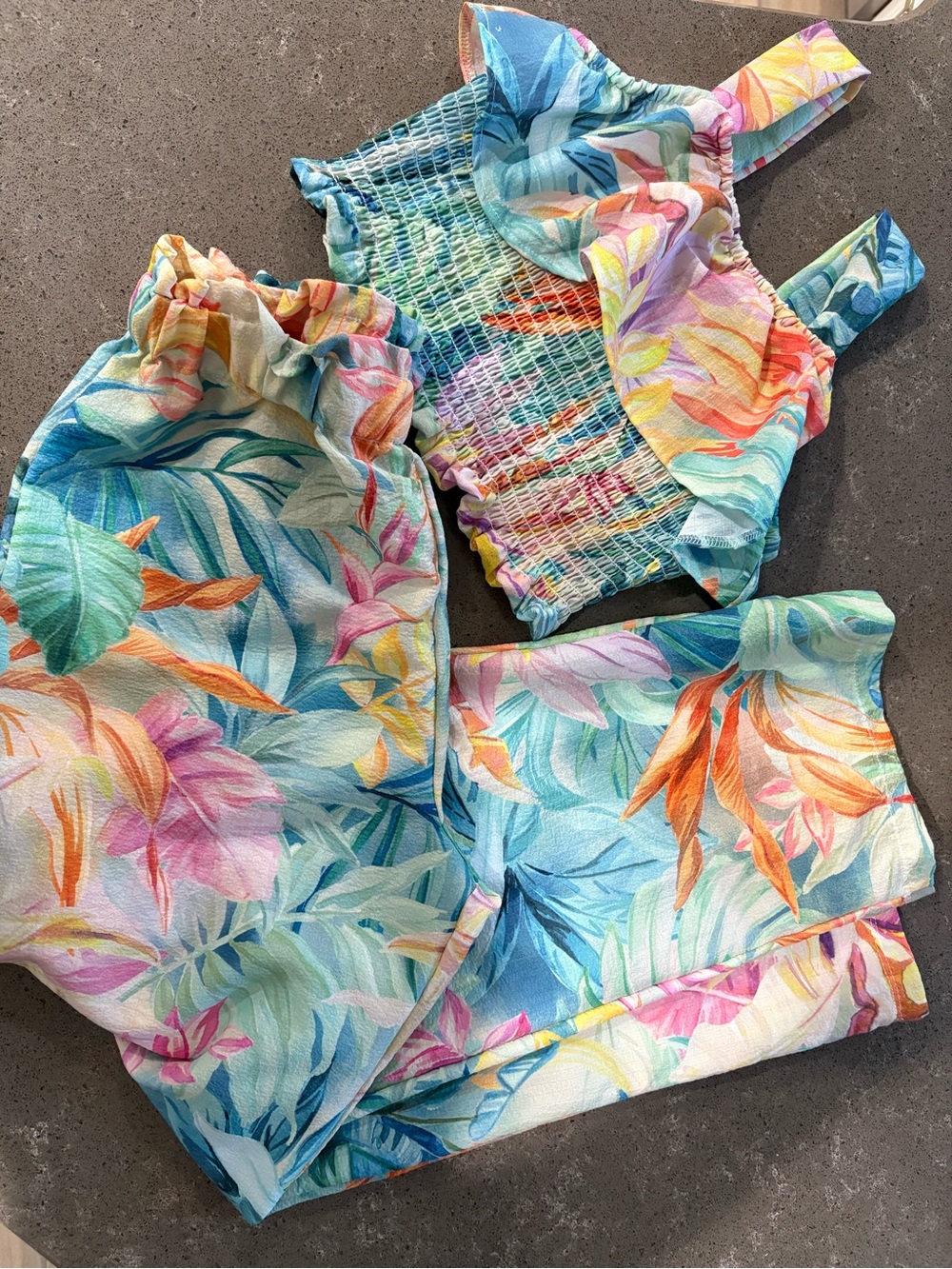 Mayoral Tropical Floral Ruched Crop Top and pant Set - Blue Multicolor